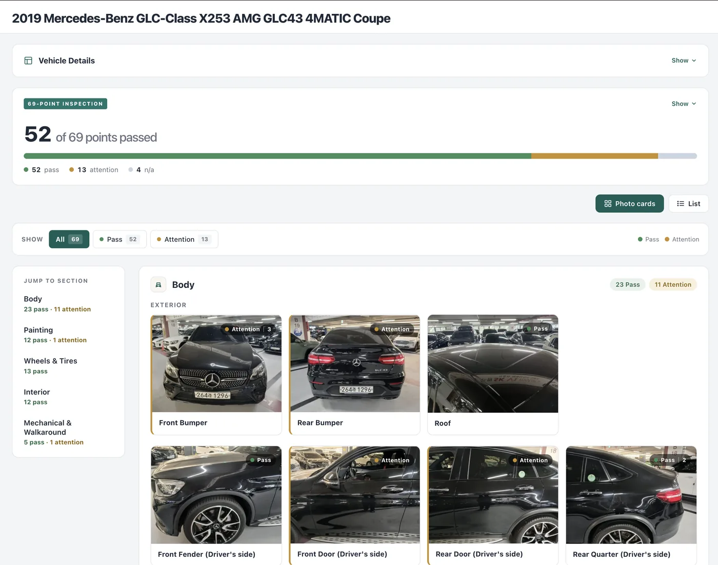 An LMN secondary inspection report for a 2019 Mercedes-Benz GLC 43 4MATIC Coupe, showing 52 of 69 inspection points passed and the Body section photo cards.