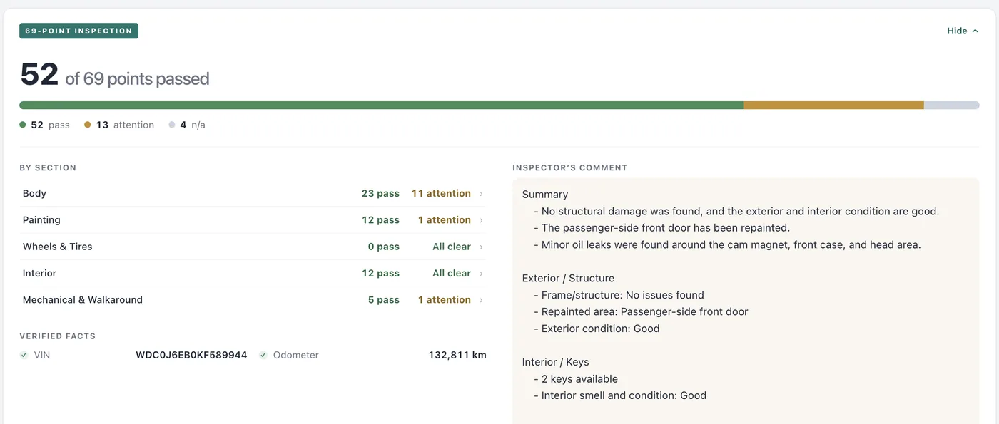 An LMN inspection report summary showing pass and attention counts by section, the verified VIN and odometer reading, and the inspector's written comment.