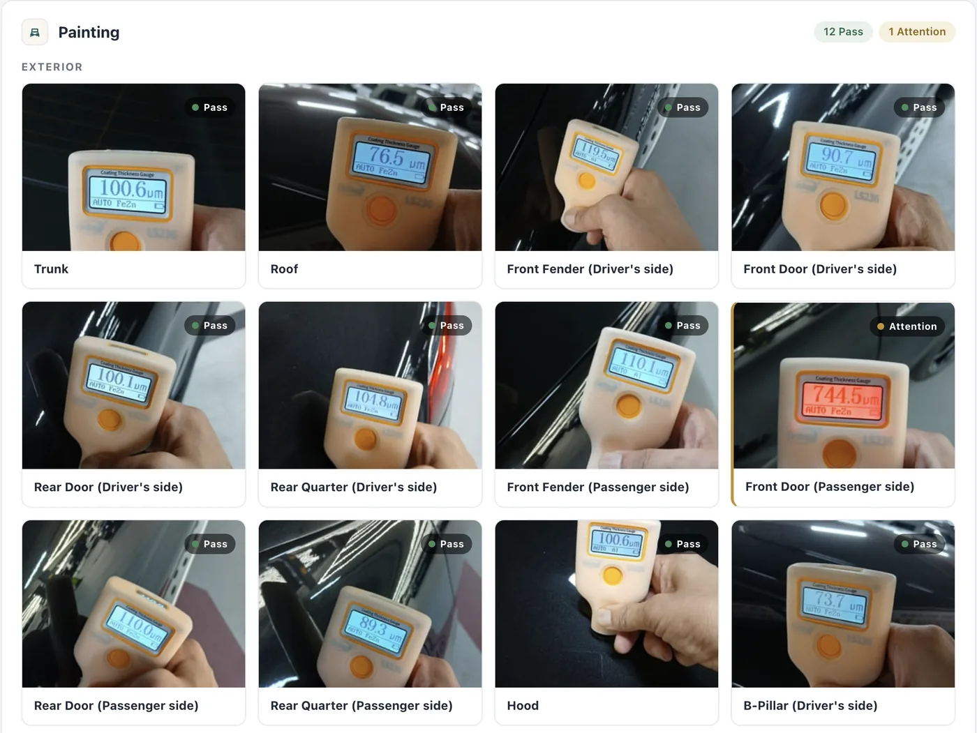 Paint-thickness gauge readings for each panel in an LMN inspection report, with one passenger-side front door reading flagged for attention at 744.5 micrometres.