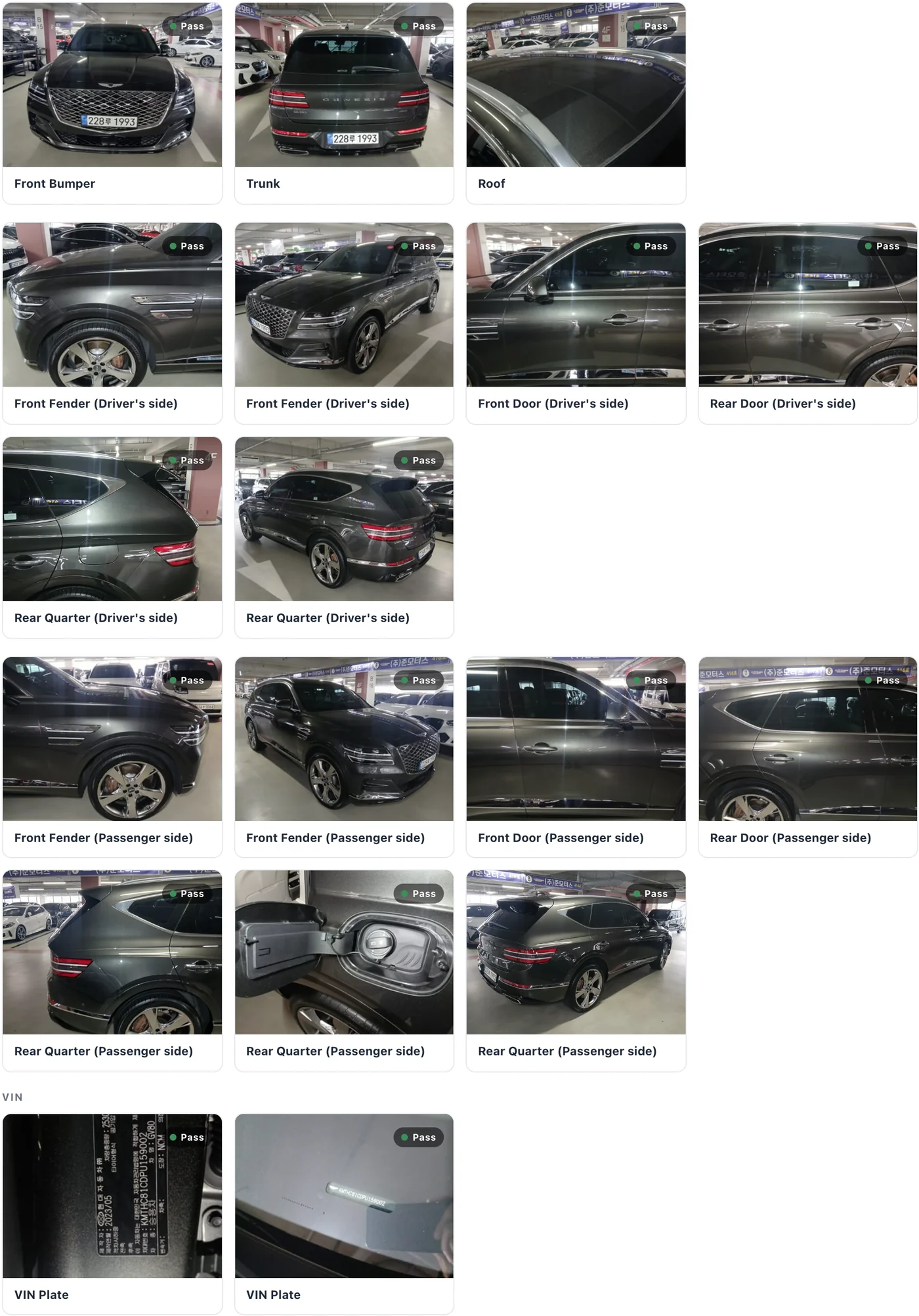 The Body photo grid from a 2023 Genesis GV80 report: front bumper, trunk, roof, every fender, door and rear quarter, and two VIN plate photos, each marked Pass.
