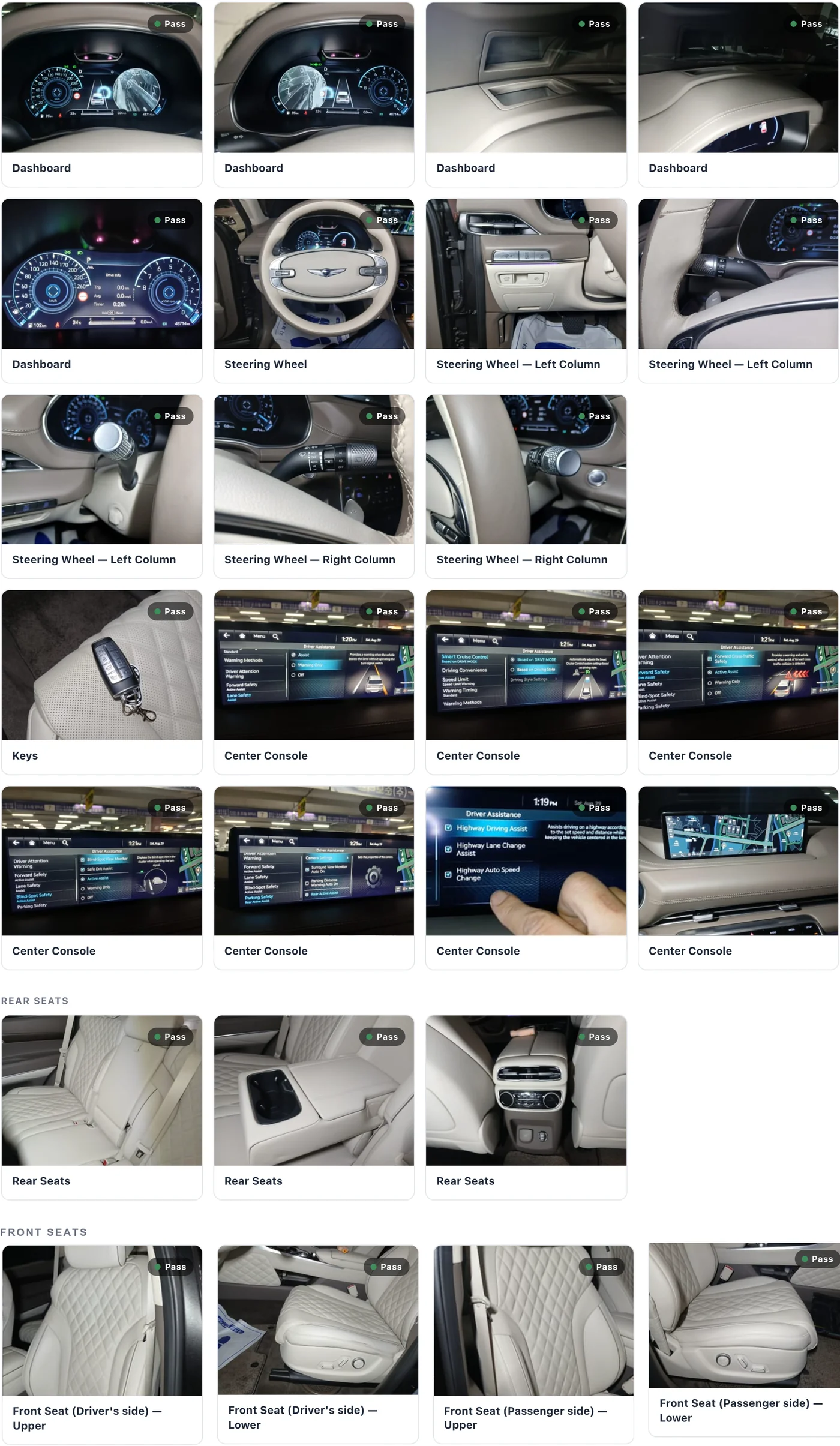 Interior cards from the same report: dashboard and instrument cluster, steering wheel and its column controls, the key, the center console with its infotainment menus in English, the rear seats, and the front seats upper and lower, each marked Pass.