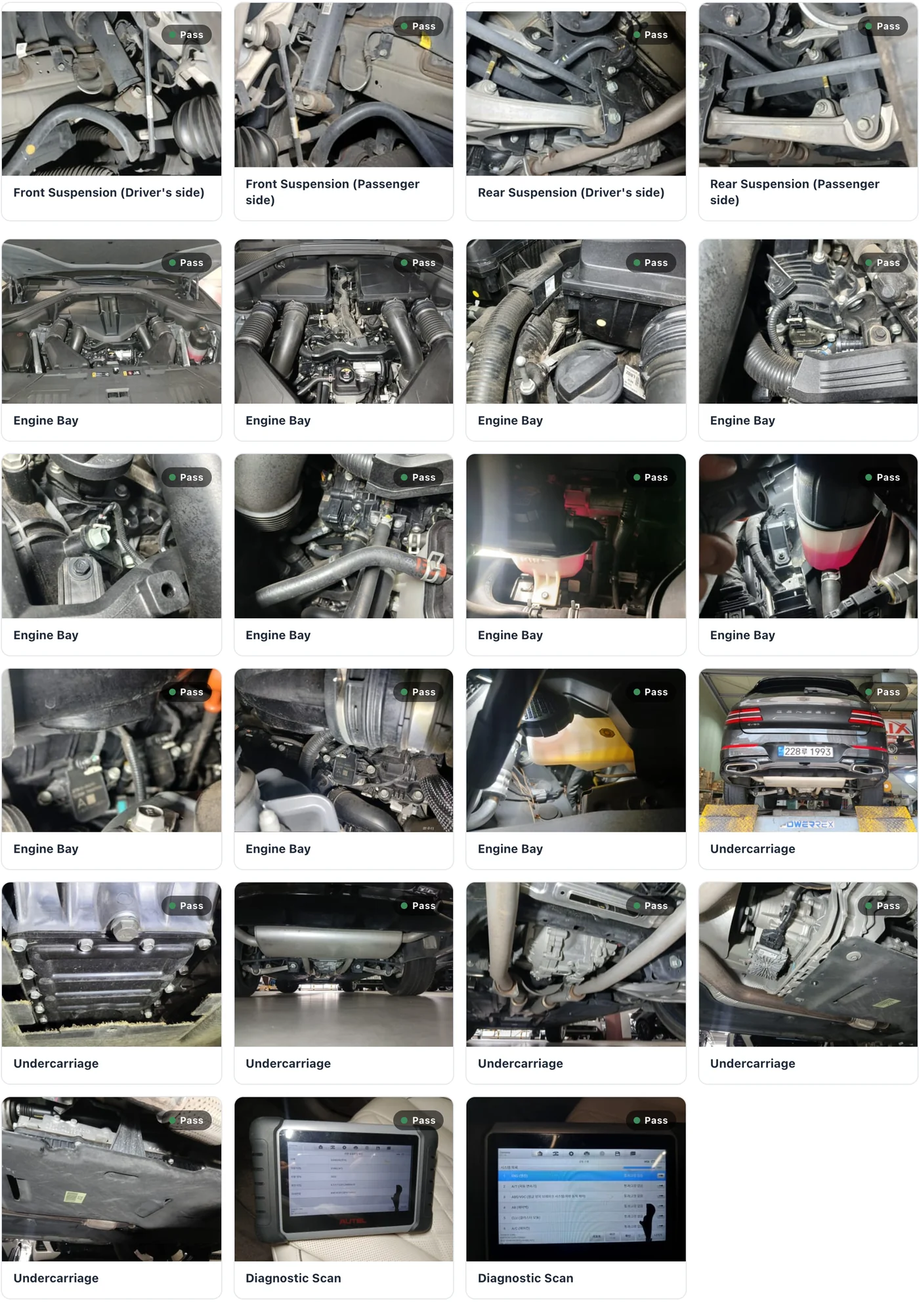 The Mechanical photo grid from the same report: all four suspension corners, the engine bay from several angles including fluid reservoirs, the undercarriage on a lift, and two diagnostic-scanner screens, each marked Pass.