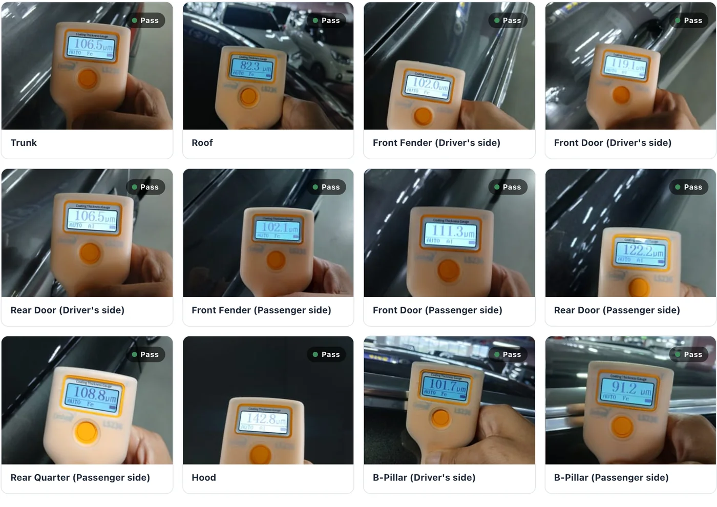 The Painting photo grid from the same report: twelve cards, each showing a paint-thickness gauge held against a panel with its reading visible, all marked Pass.
