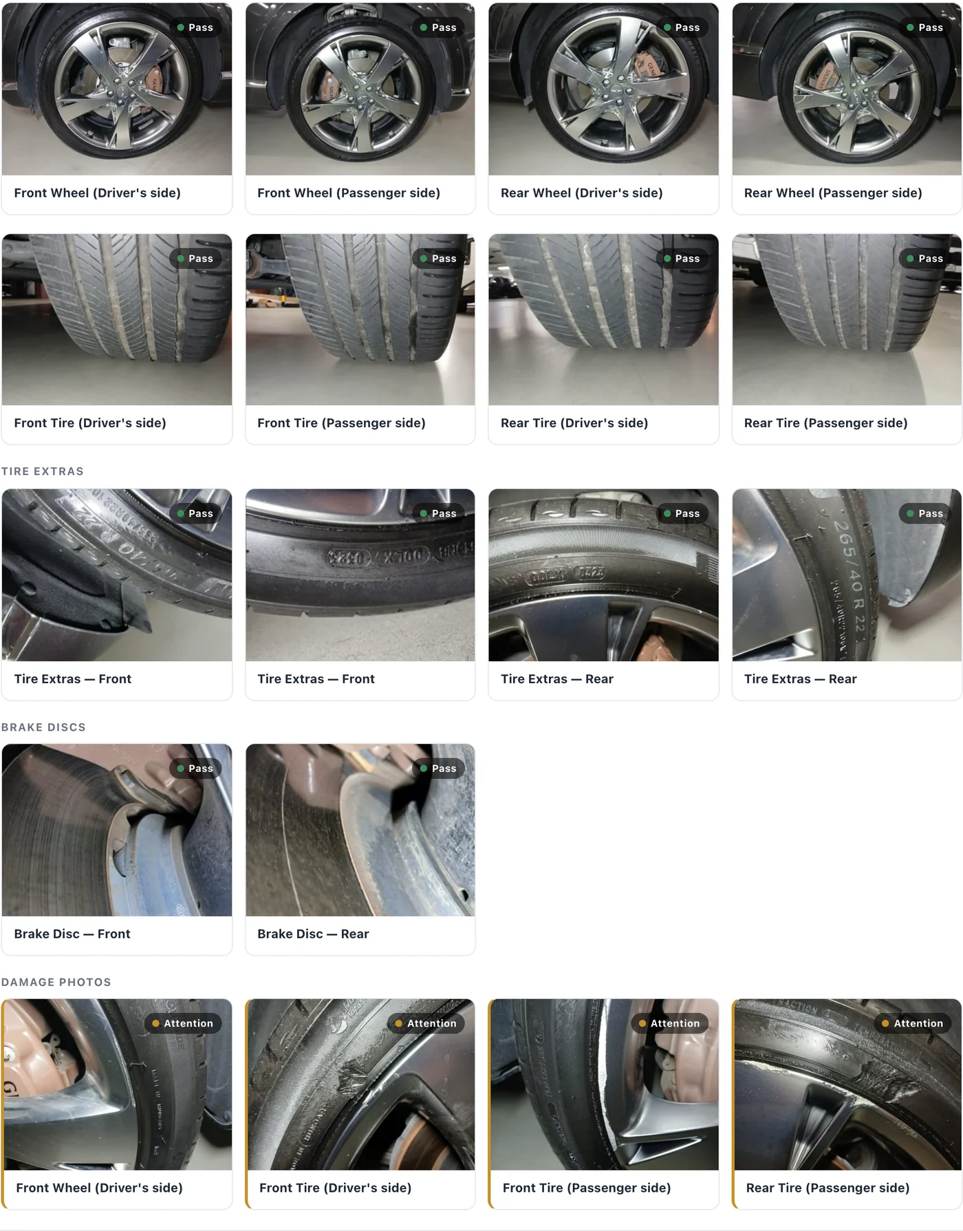 The Wheels and Tires photo grid from the same report: four wheels, four treads, sidewall close-ups with the tire size and DOT date, both brake discs, and four Attention photos of curb scratches on the wheels.