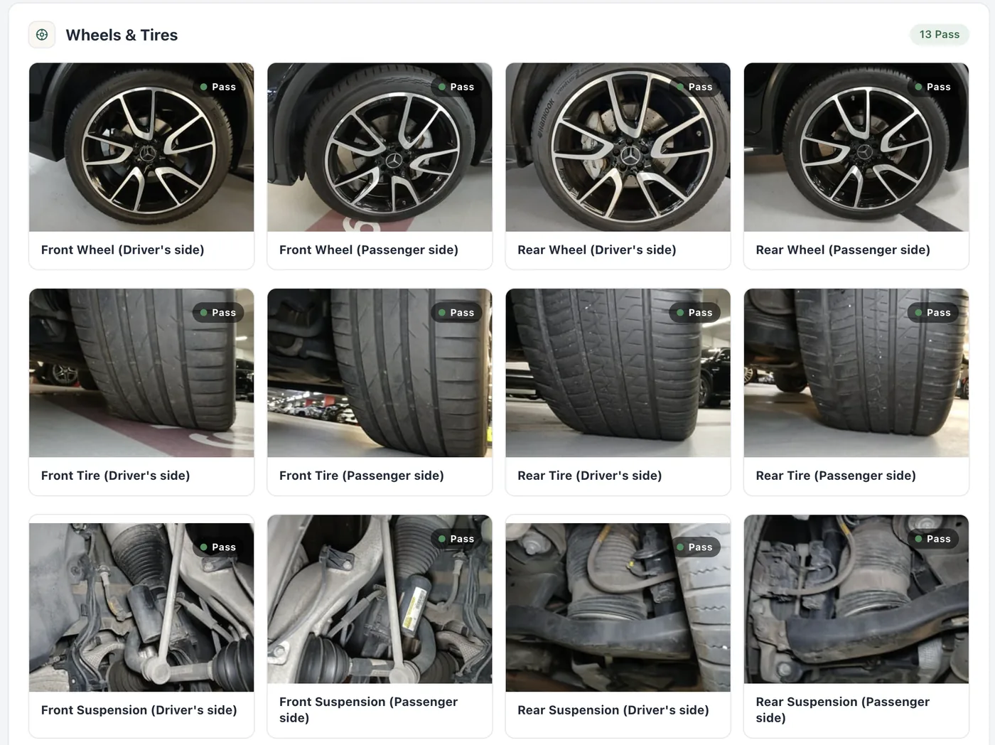 The Wheels and Tires section of an LMN inspection report, with separate photos of each wheel, tire and suspension arm.